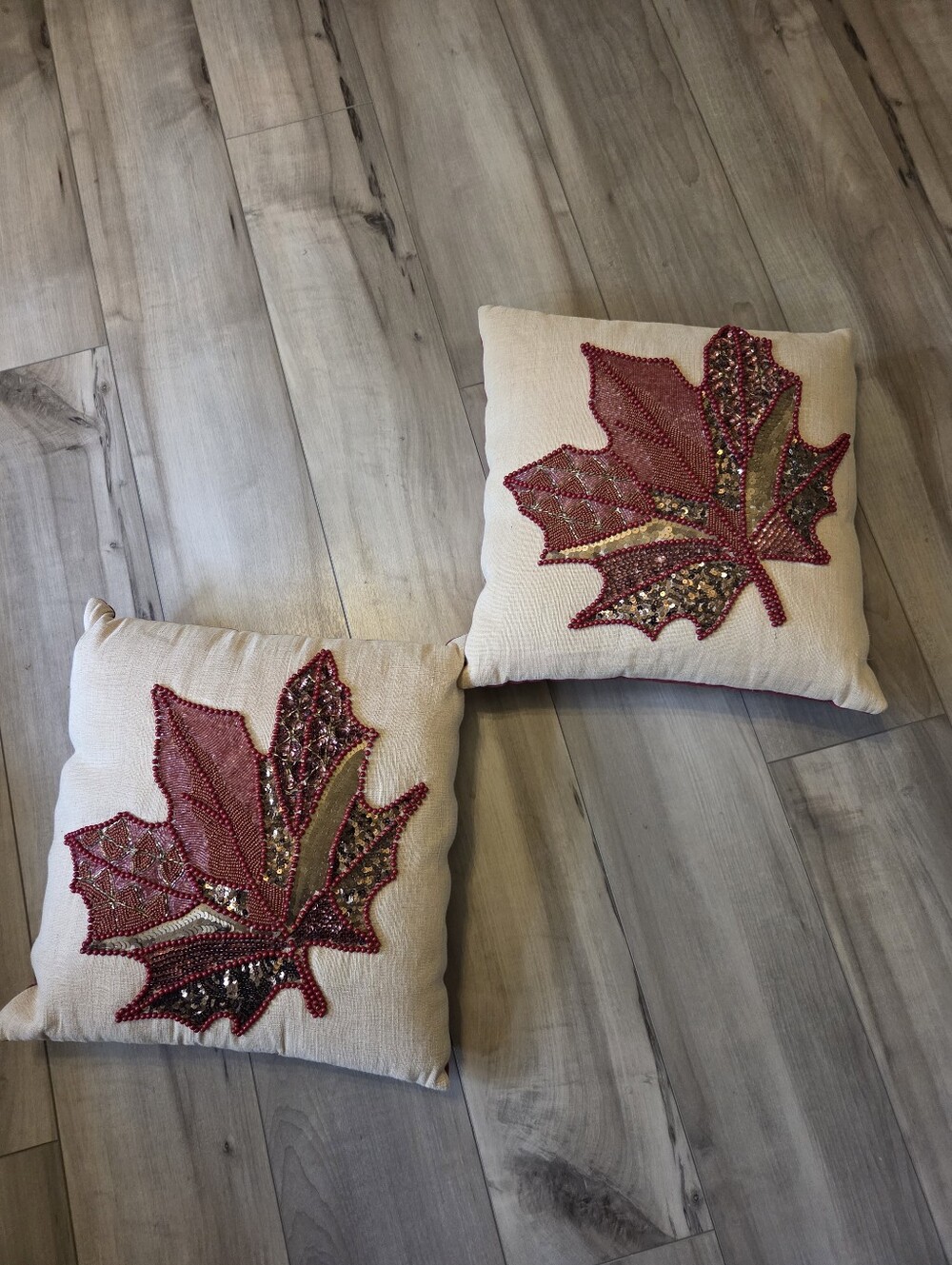 Pier 1 Beaded Maple Leaf Holiday Throw Pillow - Red on Cream